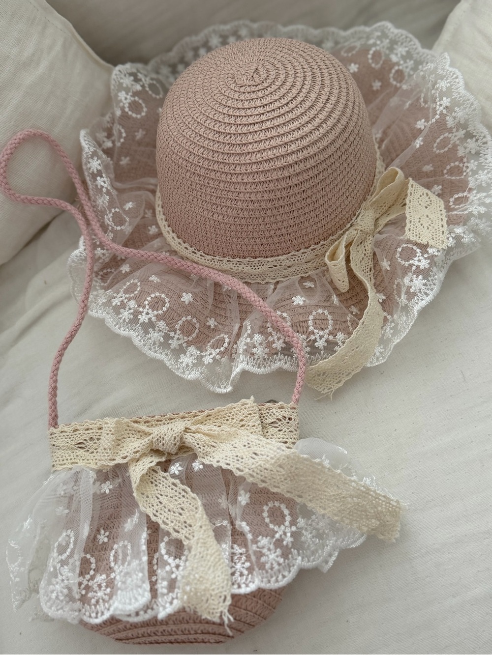 Kids Lace Trim Sun Hat and Purse Set - Pink and Cream